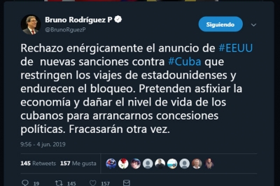 Rechaza canciller cubano nuevas restricciones de viajes de EE.UU. 