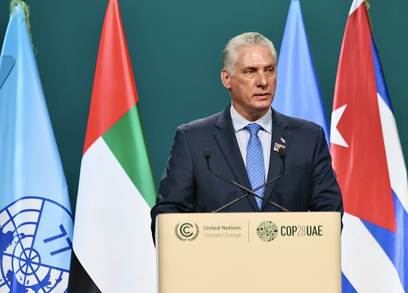 El presidente de la República de Cuba, Miguel Díaz-Canel Bermúdez, tuvo a su cargo, este sábado en la mañana (hora local), el discurso de apertura de la Cumbre de Líderes del Grupo de los 77 y China. Foto: Estudios Revolución