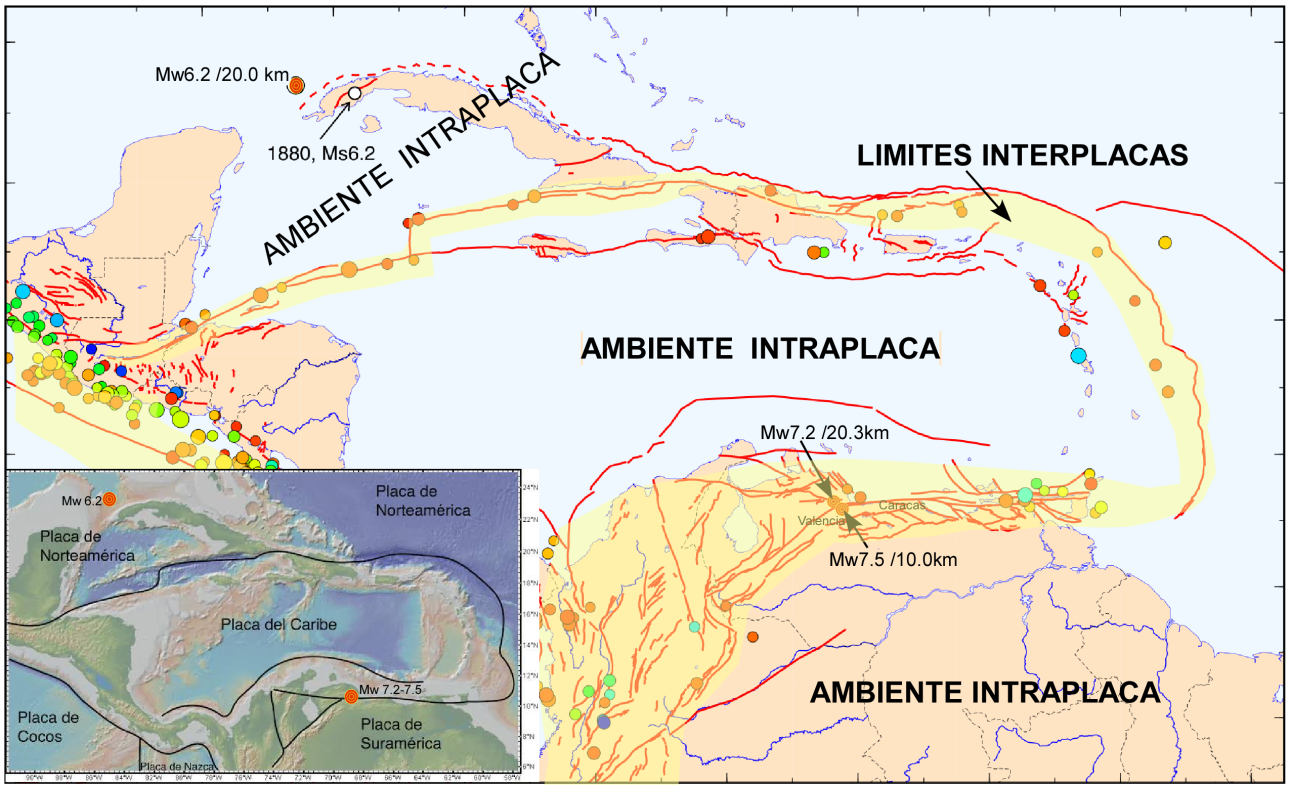 Figura 1: Mapa de las principales fallas del Caribe así como los epicentros de terremotos de magnitud de 6 y mayor.  Se resaltan los límites interplacas (amarillo) y las zonas intraplacas, así como la posición de los epicentros de los terremotos de junio 8 al NW de Cuba y Junio 24 al N de Venezuela.
