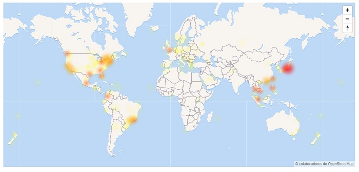 Mapa de cortes de Facebook. Fuente: downdetector.com