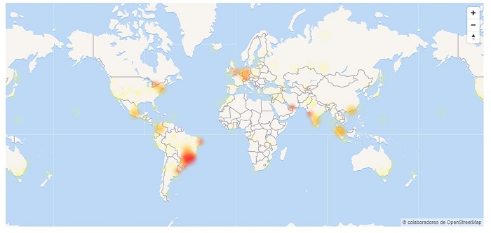 Mapa de cortes de WhatsApp. Fuente: downdetector.com